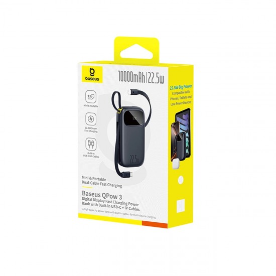 Baseus EnerFill FC31 10000mAh 22.5W Powerbank with Digital Display and 2 Built-in Cables (USB-C + Lightning) - Black