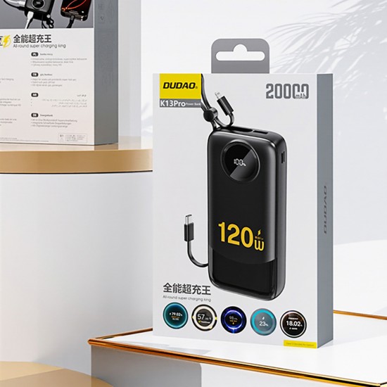 Dudao K13Pro 20000mAh Powerbank with Built-in Cable - Black