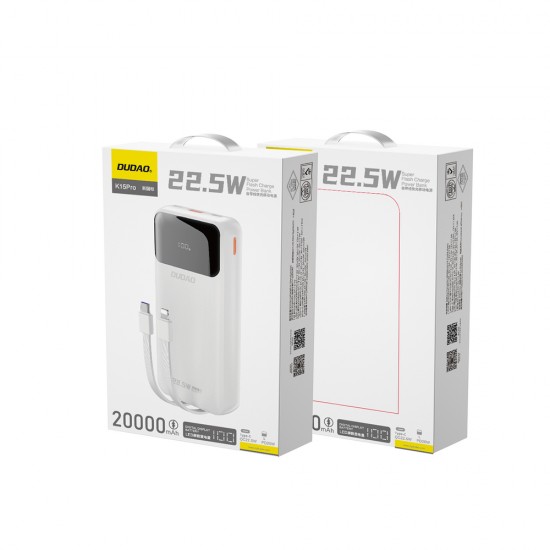 Dudao K15Pro Power Bank 20000mAh 22.5W PD USB-C / USB-A / Built-in Lightning and USB-C Cables - White