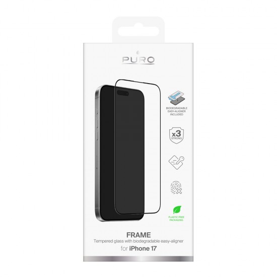 Puro Frame tempered glass for iPhone 17 with applicator and black frame