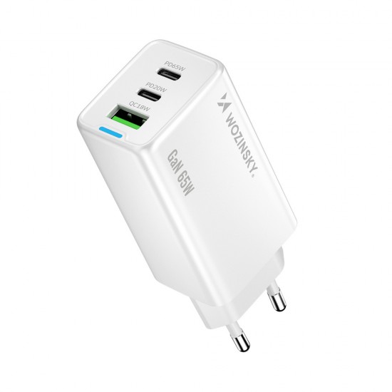 Wozinsky GaN 65W Charger with USB-A 2xUSB-C Ports with 65W USB-C Cable - White