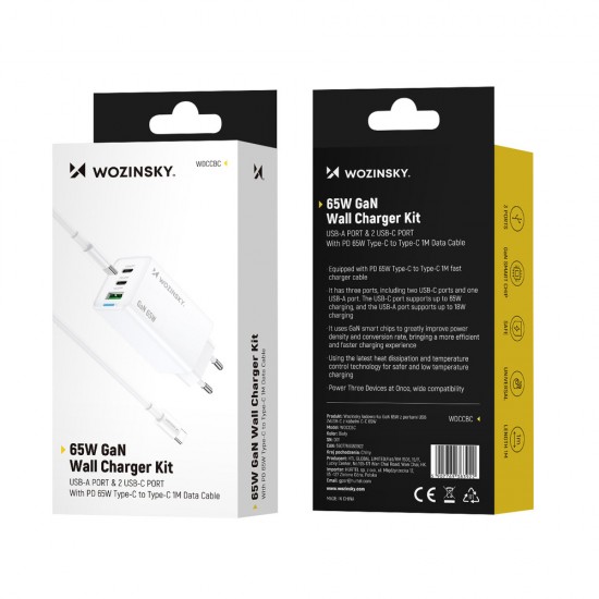 Wozinsky GaN 65W Charger with USB-A 2xUSB-C Ports with 65W USB-C Cable - White