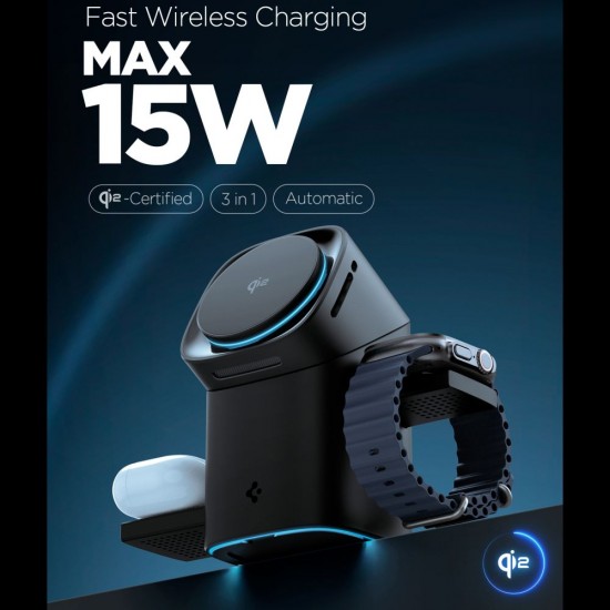 Spigen Essential EF223MS 3-in-1 QI2 Wireless Charger - Black
