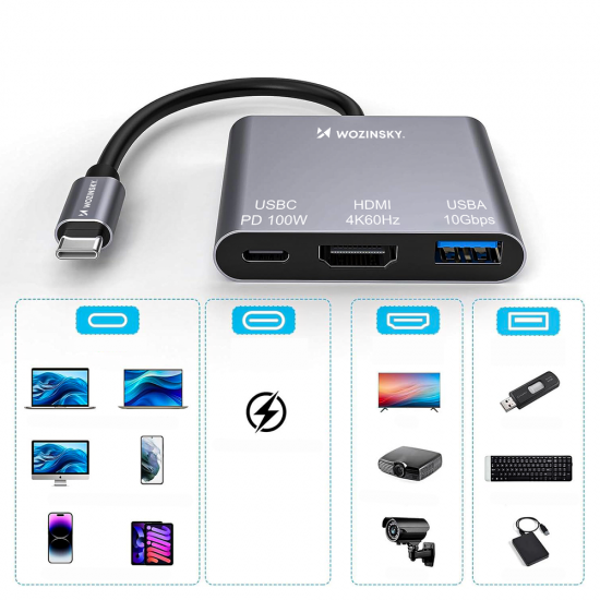 Hub Wozinsky WHCH-01 USB-C PD 100W HDMI 4K@30Hz USB-A 10Gbps - gray
