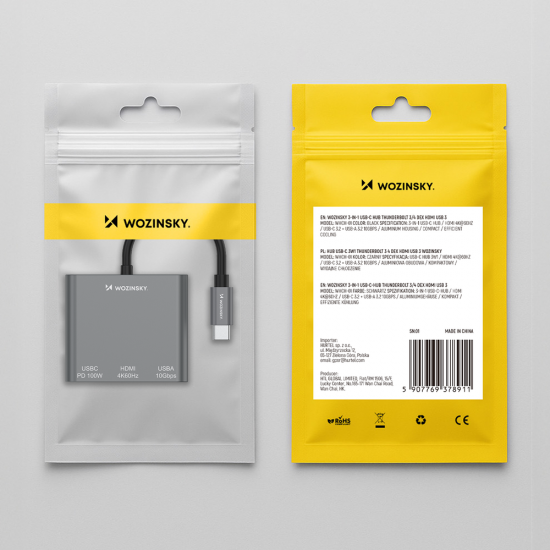 Hub Wozinsky WHCH-01 USB-C PD 100W HDMI 4K@30Hz USB-A 10Gbps - gray