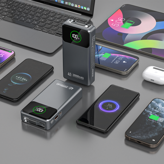 Dudao K31 Pro 45W 20000mAh Power Bank with Built-in Retractable USB-C Cable - Gray