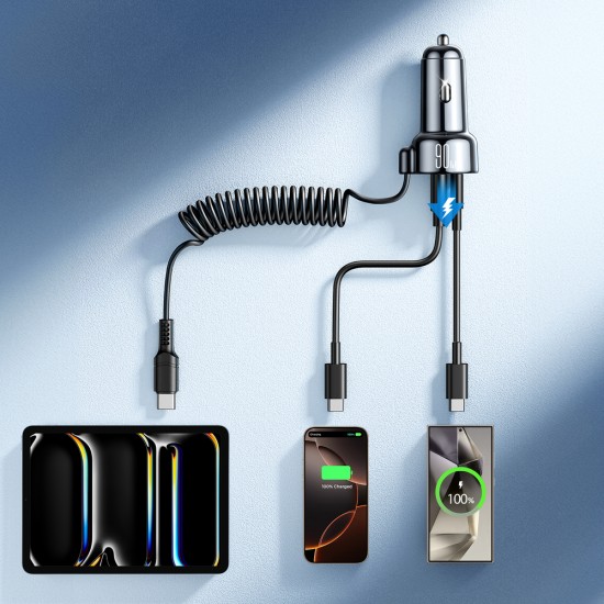 Joyroom JR-CL07 72W 3-in-1 Car Charger with 1.6m USB-C Cable – Black