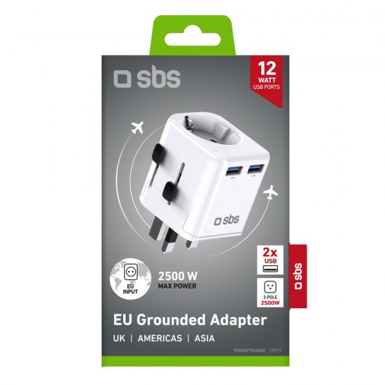 SBS universal travel adapter - EU 2xUSB-A - white