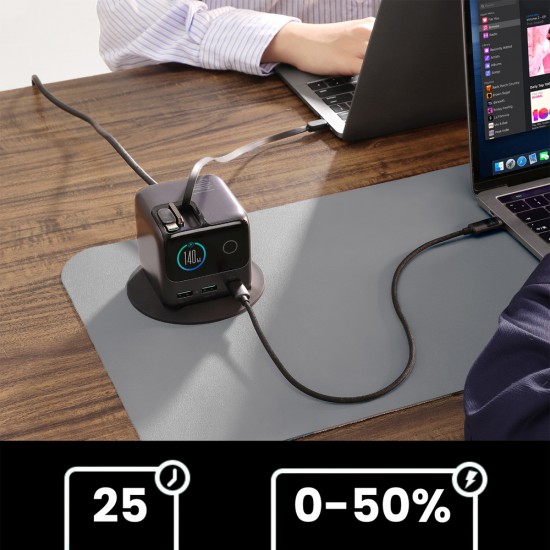 Joyroom Podix JR-TRD01 GaN 140W Desktop Charger with 5 Ports and Dual Retractable Cables - Gray