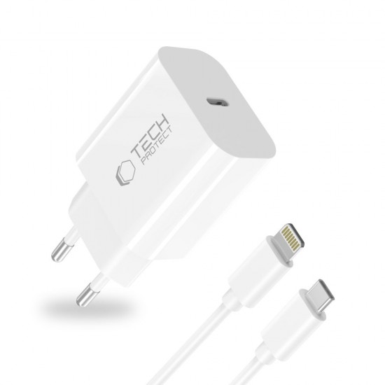 Tech-Protect NC20W Wall Charger with 100 cm USB-C / Lightning Cable - White