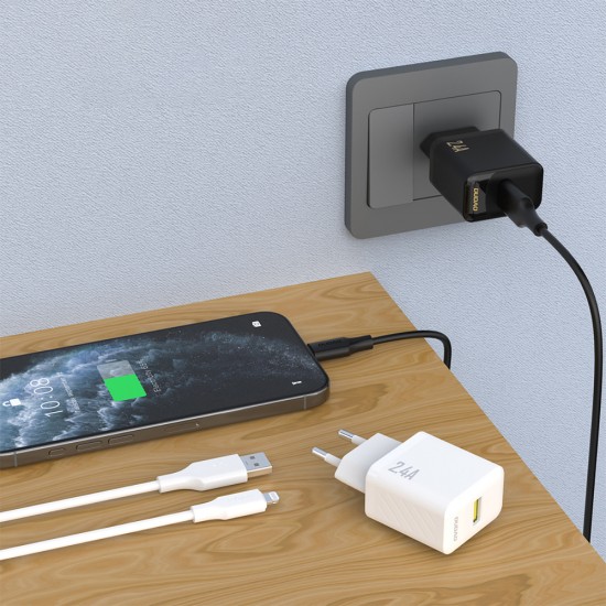 Dudao A23LEU 2.4A GaN EU USB-A Wall Charger with USB-A to Lightning Cable - Black