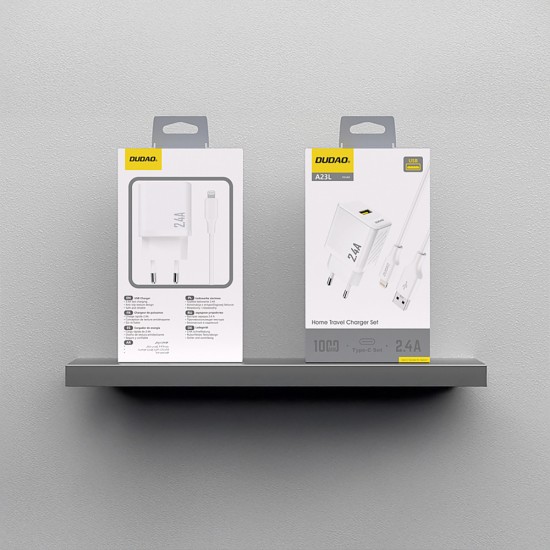 Dudao A23LEU 2.4A GaN EU USB-A Wall Charger with USB-A to Lightning Cable - White