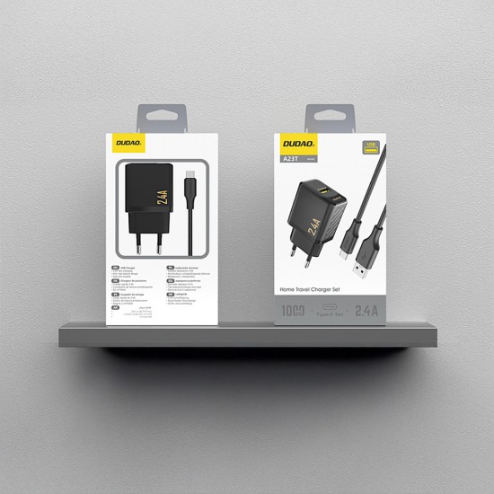 Dudao A23TEU 2.4A GaN USB-A Wall Charger with USB-A - USB-C Cable - Black