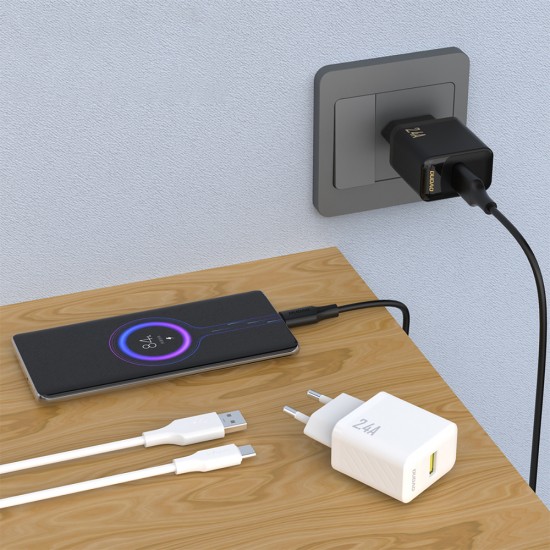 Dudao A23TEU 2.4A GaN USB-A Wall Charger with USB-A - USB-C Cable - White