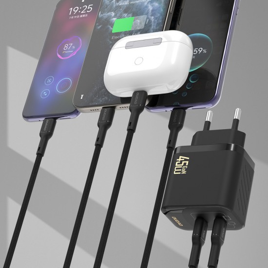 Dudao A28PCEU PD 45W GaN 2xUSB-C Wall Charger with USB-C Cable - Black