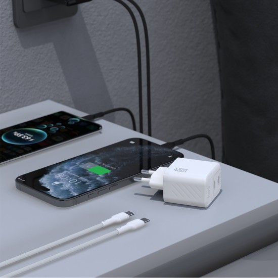 Dudao A28PCEU PD 45W GaN 2xUSB-C Wall Charger with USB-C Cable - White