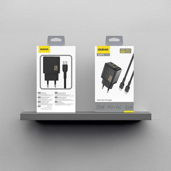Dudao A26TCEU PD QC 25W GaN USB-A USB-C Wall Charger with USB-C Cable - Black