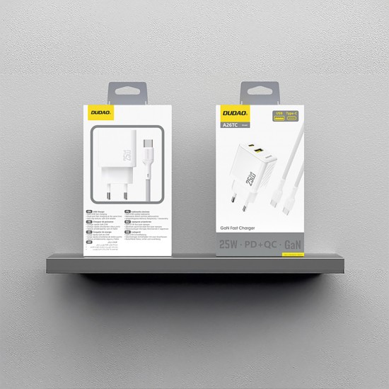 Dudao A26TCEU PD QC 25W GaN USB-A USB-C Wall Charger with USB-C Cable - White