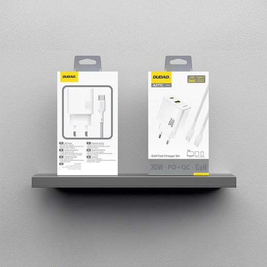 Dudao A27TCEU PD 30W GaN USB-A USB-C Wall Charger with USB-C Cable - White