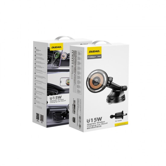 Dudao F12MAX+ Car Holder with 15W Wireless Charger, Compatible with Magsafe - Black