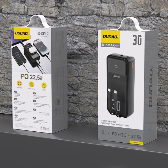 Dudao K15MAX 30000mAh PD 22.5W Powerbank with Built-in Cables - Black