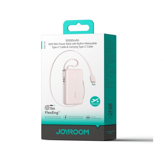 Joyroom JR-PR2L 10000mAh 35W Power Bank with Built-in Retractable USB-C Cable and USB-C Lanyard Cable - Pink