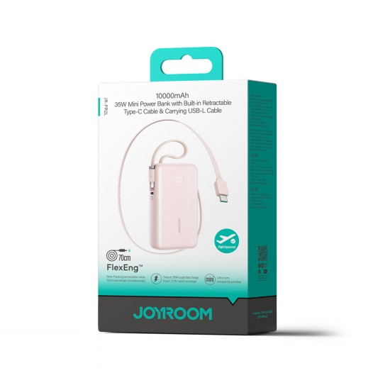Joyroom JR-PR2L 10000mAh 35W Power Bank with Built-in Retractable USB-C Cable and Lightning Lanyard Cable - Pink