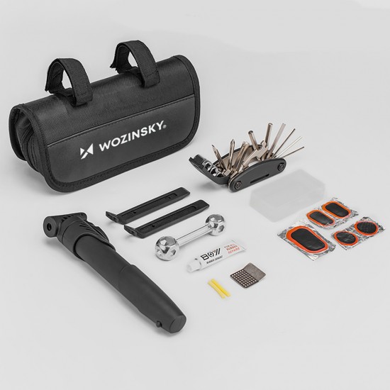 Wozinsky WMZ-01N tool kit, 16-in-1 bicycle multitool, pump, wrenches, inner tube kit - black