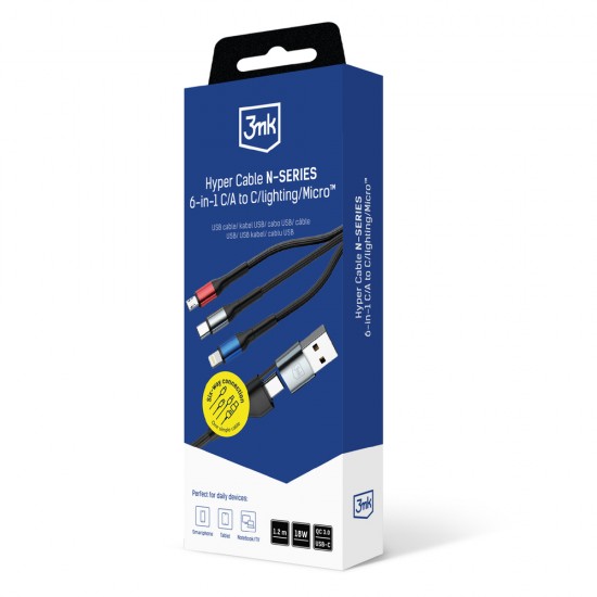 3mk Hyper Cable N-SERIES 6 in 1 USB-C / USB-A to USB-C / Lightning / Micro 1.2m QC 3.0 9V / 2A 18W - black