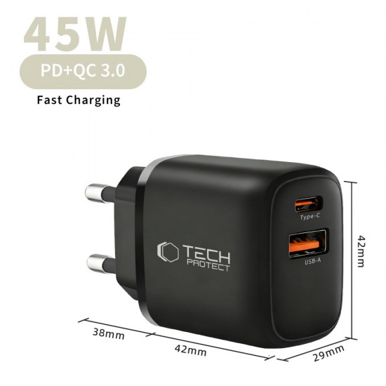 Tech-Protect NCA45W-GAN 2-Port USB-C / USB-A 45W Wall Charger - Black