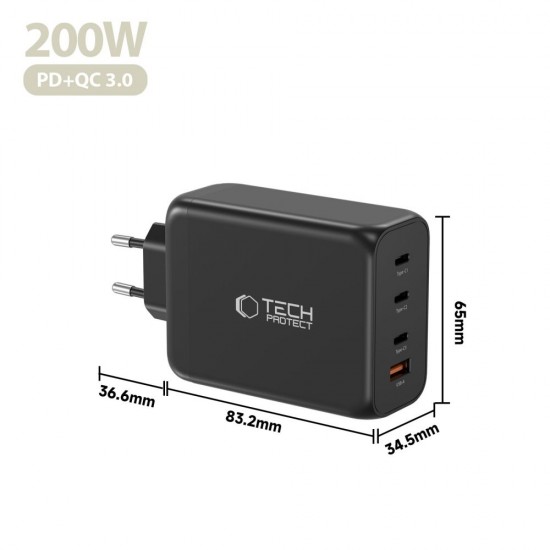 Tech-Protect NC200W-GaN 4-Port 200W Wall Charger - Black