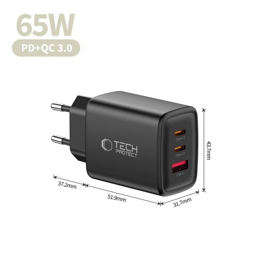 Tech-Protect NCA65W-GAN 3-Port 65W Wall Charger - Black
