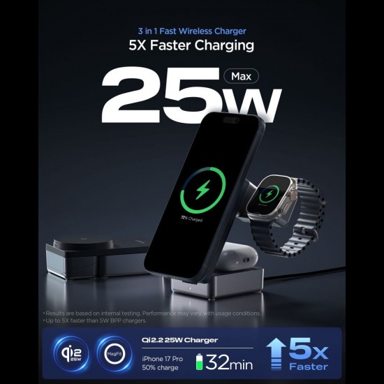 Spigen Essential Qi2.2 25W 3in1 MagSafe Magnetic Wireless Charger - Black