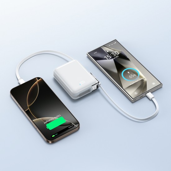 Joyroom JR-PBF27 Pro 10000mAh 30W Power Bank with Built-in USB-C Cable and Additional Bidirectional USB-C to Lightning Cable - White