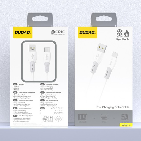 Dudao L25ST 5 A USB-A - USB-C Cable with Soft Silicone Braid 1 m - White