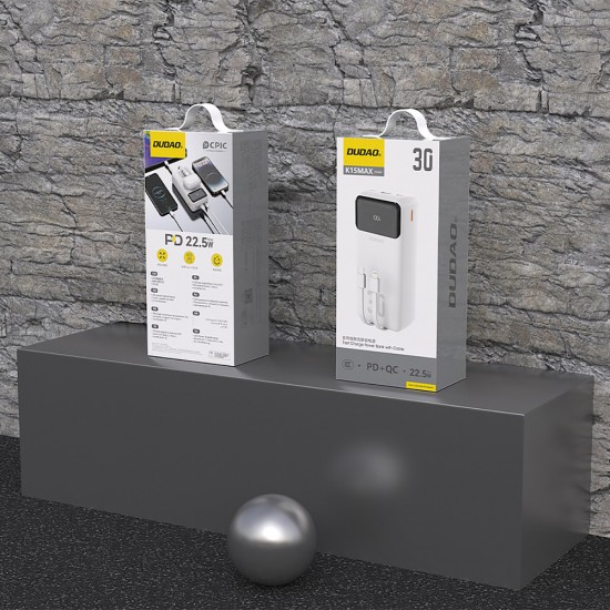 Dudao K15Max 30000mAh PD 22.5W Powerbank with USB-C and Lightning Cables - White