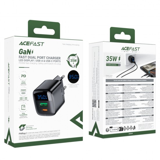 Acefast A116 GaN PD 35W USB-A USB-C Wall Charger with Display - Black