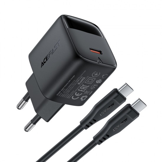 Acefast A113 GaN PD 20W USB-C Wall Charger with Display with USB-C Cable - Black