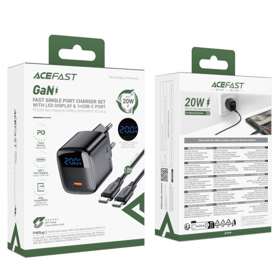 Acefast A113 GaN PD 20W USB-C Wall Charger with Display with USB-C Cable - Black