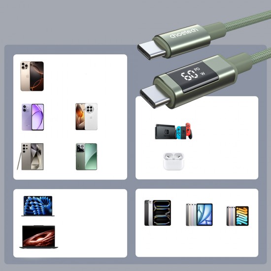 Choetech XCC-1068 PD 60W USB-C - USB-C Cable with Display 1.2 m - Green