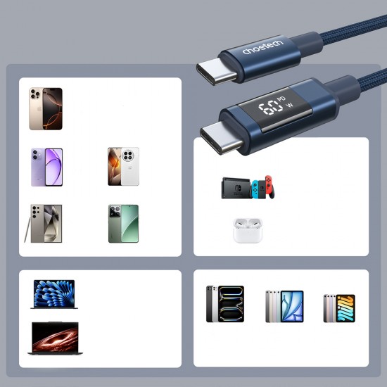 Choetech XCC-1068 PD 60W USB-C - USB-C Cable with Display 1.2 m - Blue