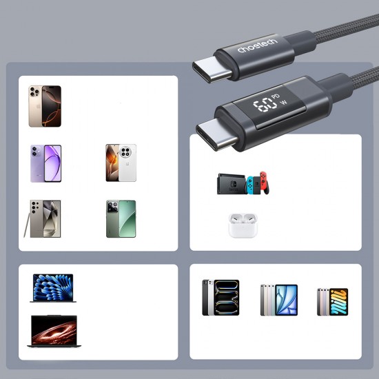 Choetech XCC-1068 PD 60W USB-C - USB-C Cable with Display 1.2 m - Black