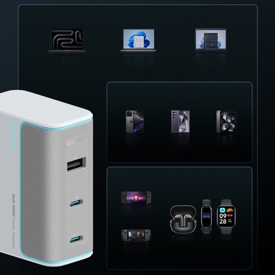 Cuktech AD1003EU 100W GaN 2x USB-C + USB-A Wall Charger with Cable - White