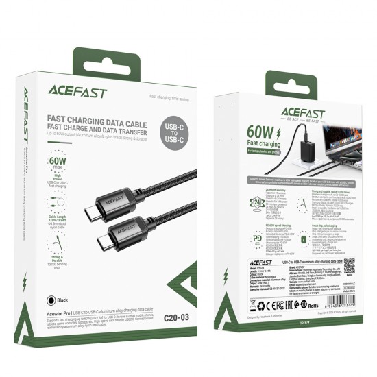 Acefast C20-03 USB-C Cable - USB-C 480Mb/s 3A 1.2m - Black