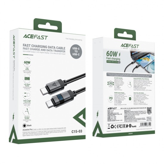 Acefast C15-03 USB-C - USB-C Cable with Display 480Mb/s 60W 1.2m - Black