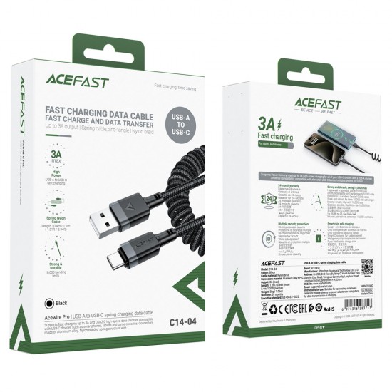 Acefast C14-04 USB-A - USB-C Cable Spring 480Mb/s 3A 1.2m - Black