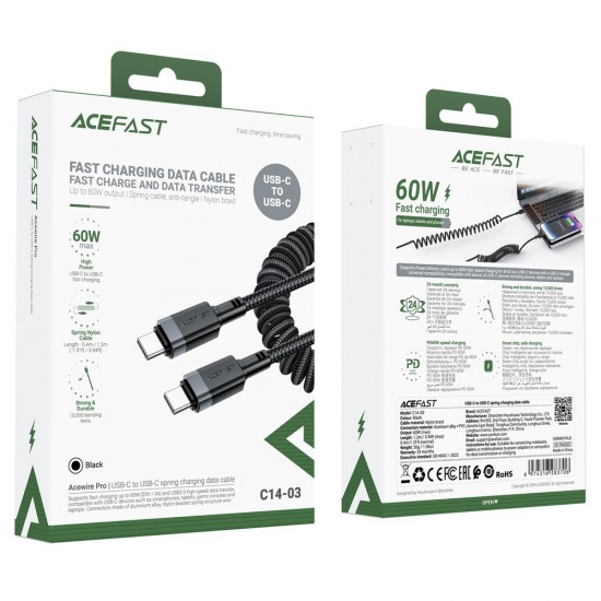 Acefast C14-03 USB-C - USB-C Spring Cable 480Mb/s 3A 1.2m - Black
