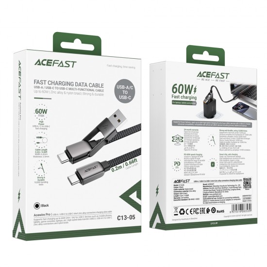 Acefast C13-05 USB-C - USB-A / USB-C Cable 480Mb/s 3A 0.2m - Black