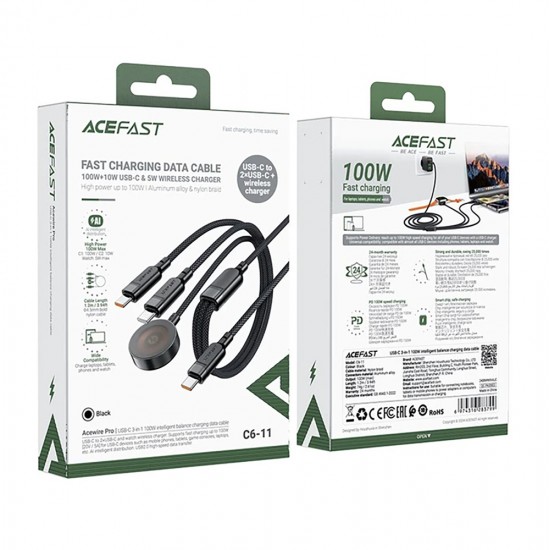 Acefast C6-11 USB-C 3in1 Cable - 2x USB-C / Qi 480Mb/s 100W 1.2m - black
