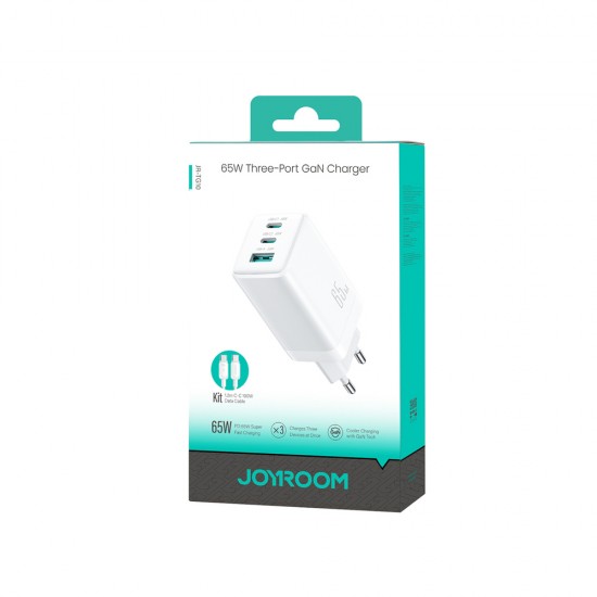 Joyroom JR-TG10 65W GaN 2x USB-C + USB-A wall charger with 100W USB-C - USB-C 1.2m cable - white